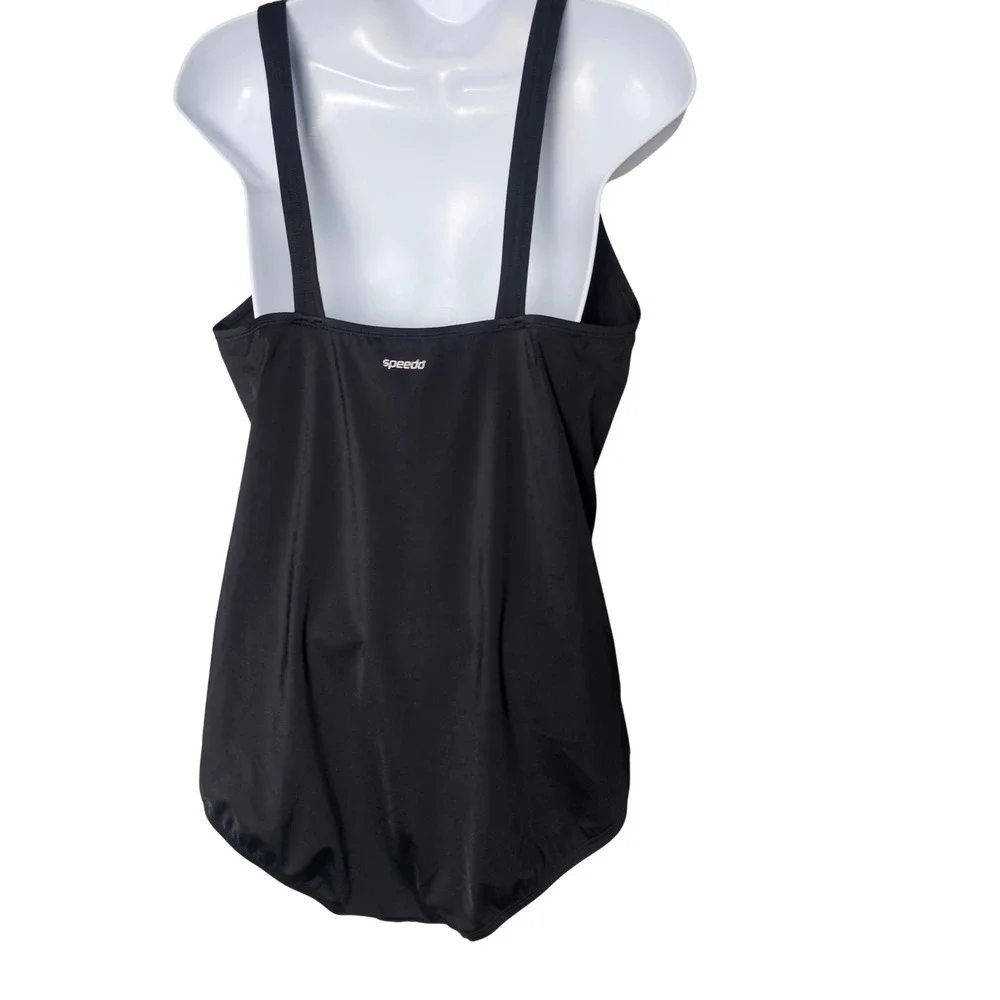 Speedo Retro Ruched Bow One Piece Swimsuit Women‎ 18 Black Classic Swim